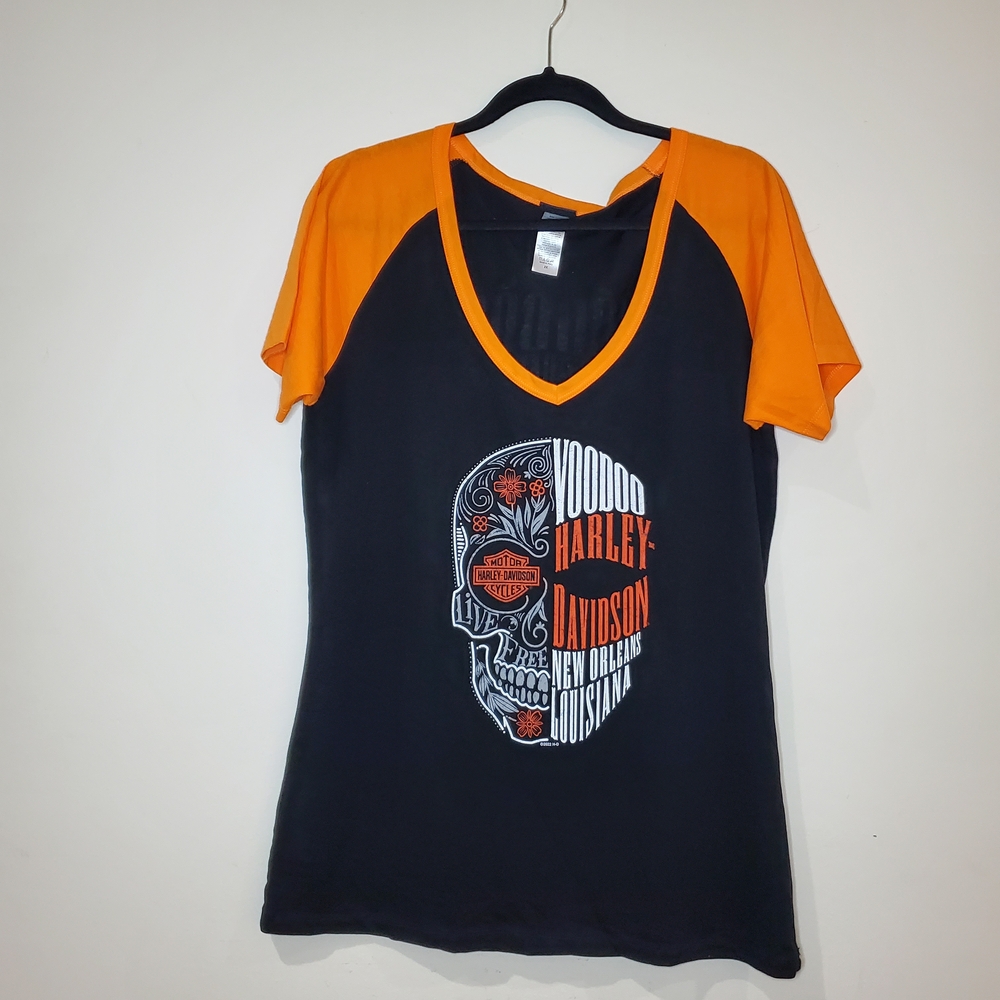 Harley-Davidson Women's Orange and Black Graphic Tee New Orleans Voodoo